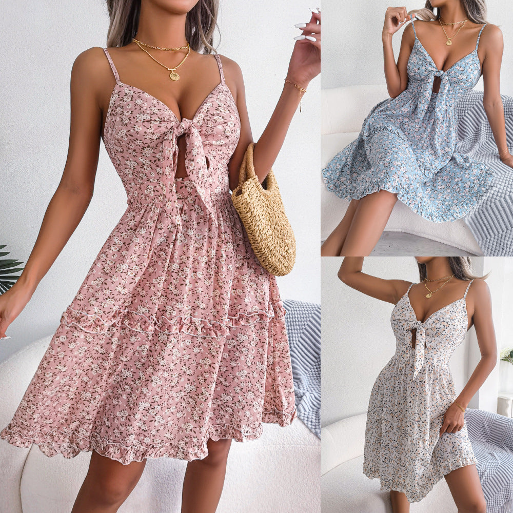 Floral Bow Dress | V Neck Ruffled Cami Dress for Women | noémi