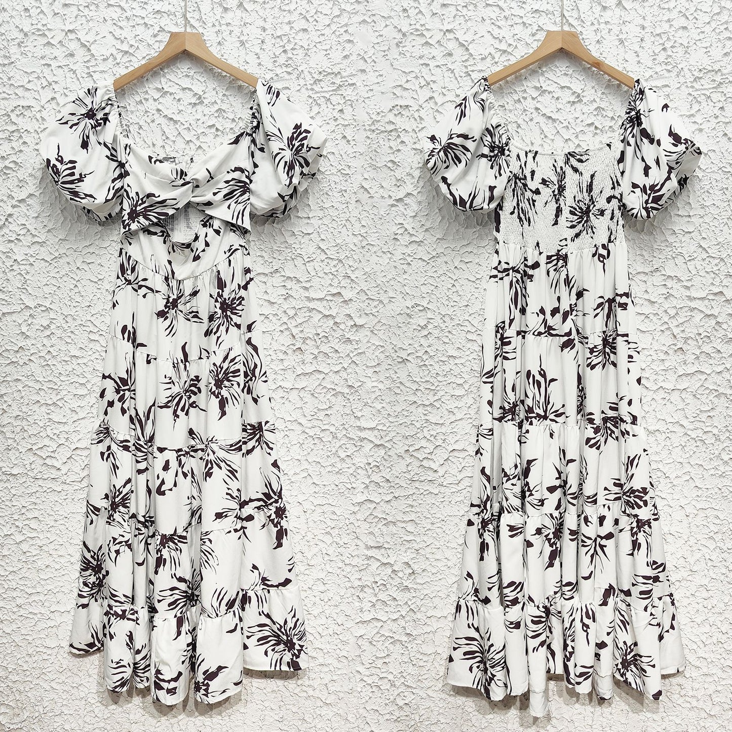 Womens VNeck Puff Sleeve Printed Midi Dress with Cutout Detail | noémi