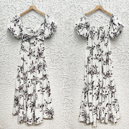 Womens VNeck Puff Sleeve Printed Midi Dress with Cutout Detail | noémi