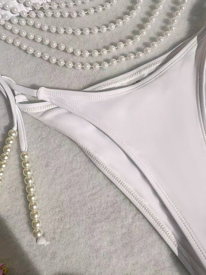 Pearl Chain Bikini | White Swimsuit with Drape Beads, Two-Piece Split Design | noémi