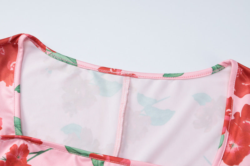 Printed Long Sleeve Ruffle Dress | Square Neck Fitted Waist | noémi