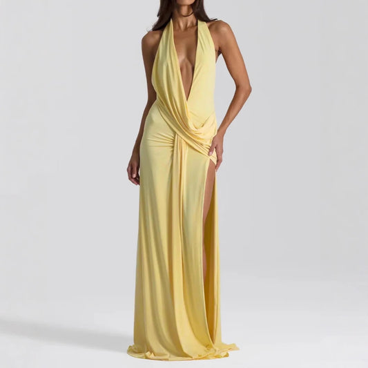 Womens Deep V Plunge Maxi Dress with Lace Up Back | noémi