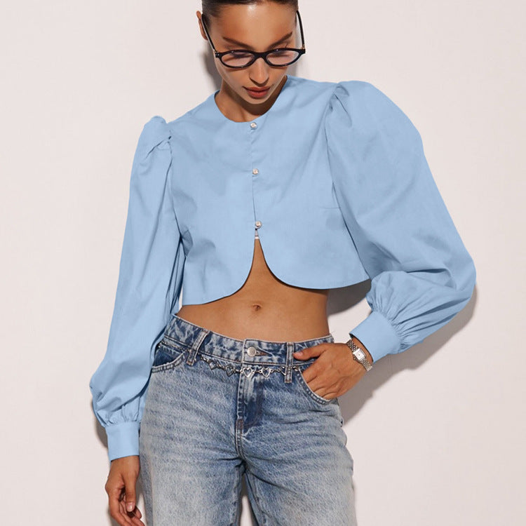 Cotton Cropped Cardigan | Puff Sleeve, Round Neck, Button Front Top for Women | noémi