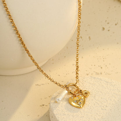 Gold Plated Stainless Steel Necklace & Bracelet Set | Pearl & Heart Charms, Diamond Accents | noémi