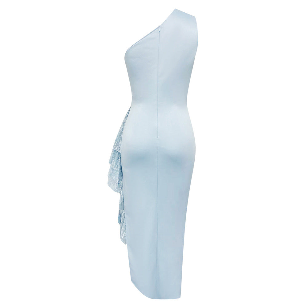 One Shoulder Sleeveless Dress with Side Slit and Lace Stitch Detail | noémi