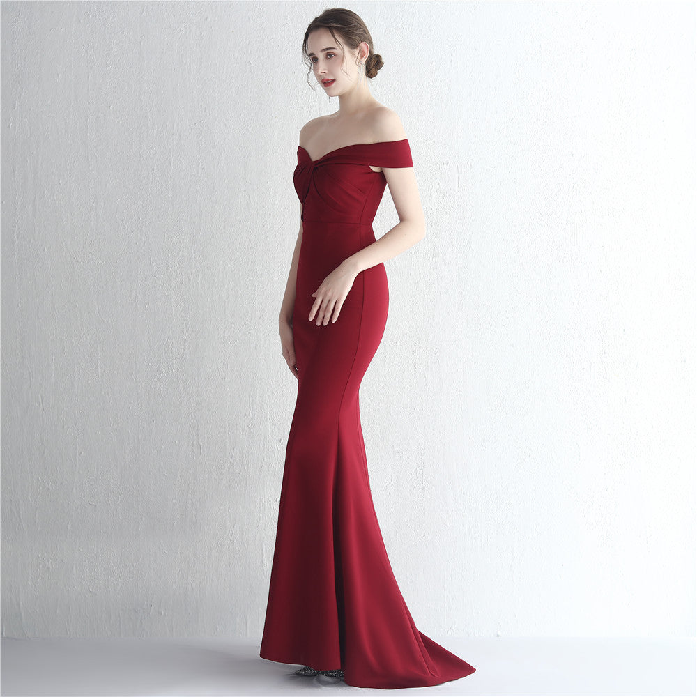 Satin Slim Off Shoulder Fishtail Gown | noémi