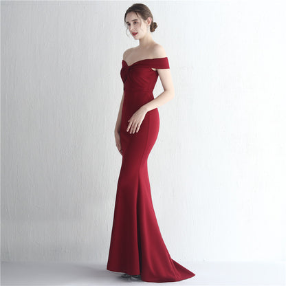 Satin Slim Off Shoulder Fishtail Gown | noémi