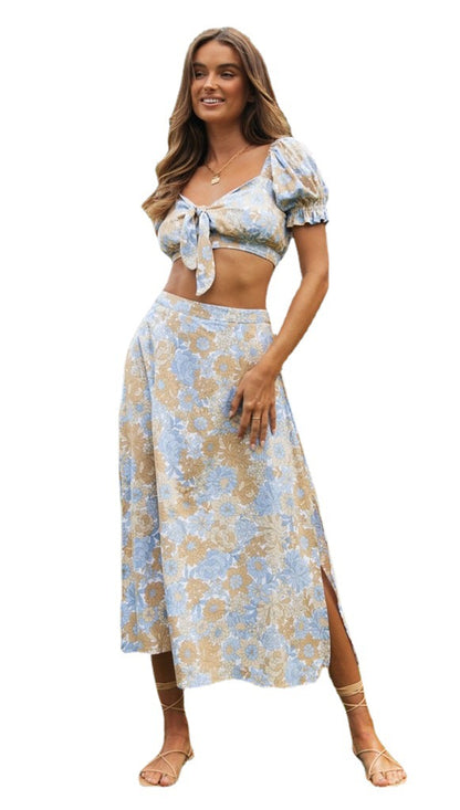 Vintage Floral Womens Crop Top & Maxi Skirt Set | Short Puff Sleeves & Slit Hemline | noémi