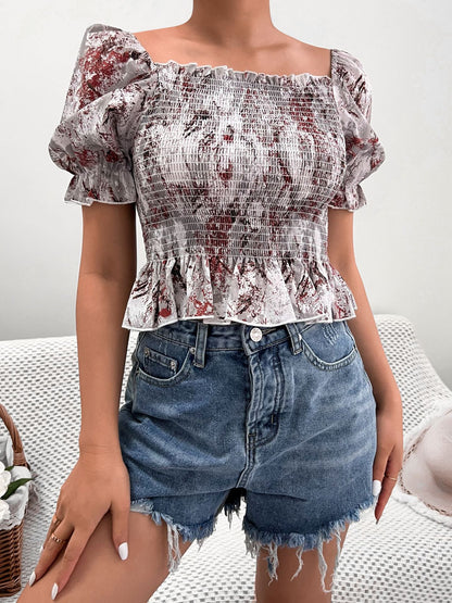 Womens Sleeve Smocked Top | Ruffle Hem, Leopard Print, Off Shoulder | noémi