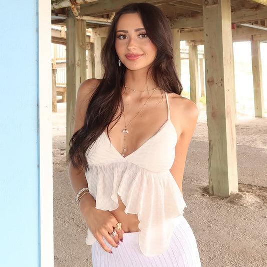 Ruffle Peplum Cami | Ivory Ruched Criss Cross Back Summer Top | Light & Airy Feminine Blouse | noémi