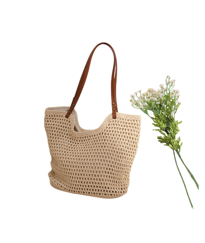 Cotton-Thread Crochet Shoulder Tote – Hollow-Out Large-Capacity Beach Bag, Cream | noémi