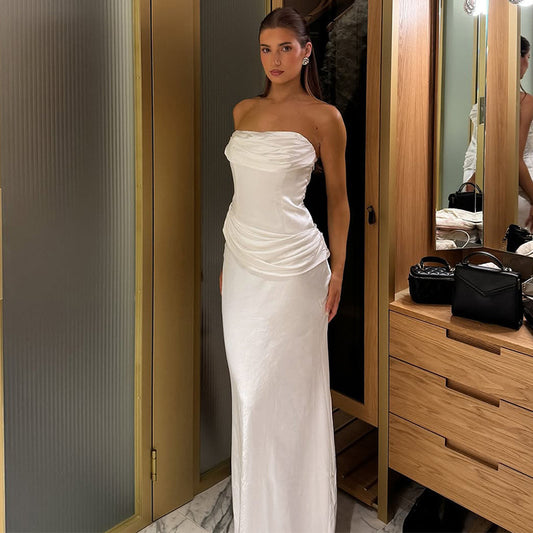 Satin Pleated Slim Tube Top Dress for Women | noémi