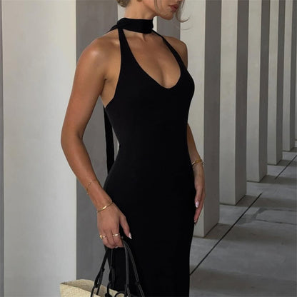 Sleek Halter Dress | Backless, Ribbon Tie & Bold Style | noémi