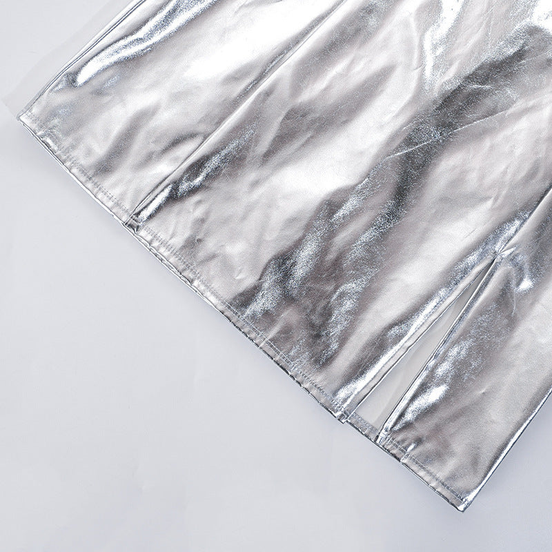 Womens Metallic Tube Top Dress with Cinched Waist Side Split | noémi