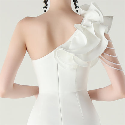 One Shoulder Ruffle Dress with High Slit | Craft Beaded Floral Satin Detail | noémi
