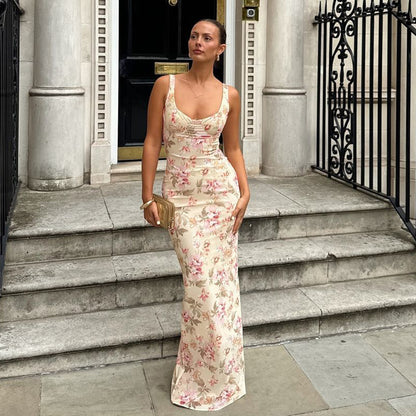 Floral Print U Neck Slit Sling Dress with Slim Fit | noémi