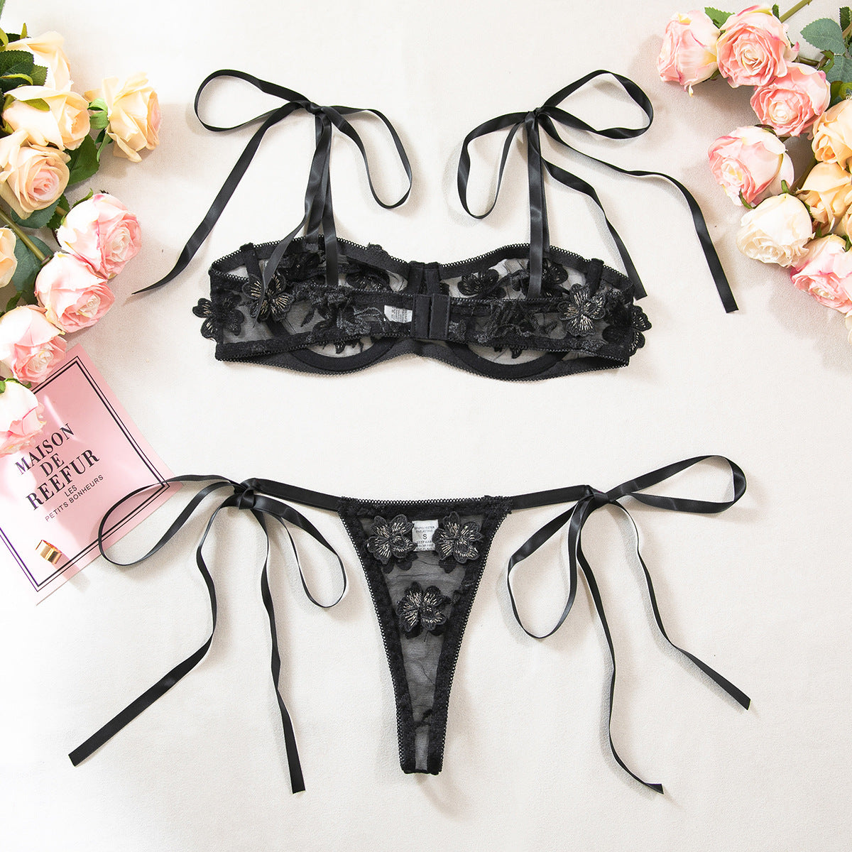 Floral Embroidered Bow Lace Up Two Piece Lingerie Set for Women | noémi