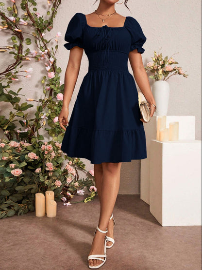 Navy Blue Square Collar Backless Mid Length Dress with Puff Sleeves | noémi