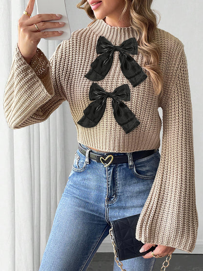 Womens Cropped Knit Sweater with Bow Detail | Flared Sleeves & Half Turtleneck Pullover | noémi