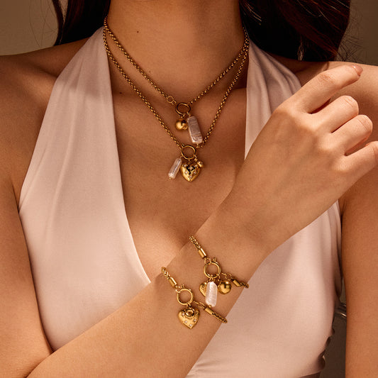 Gold Plated Stainless Steel Necklace & Bracelet Set | Pearl & Heart Charms, Diamond Accents | noémi