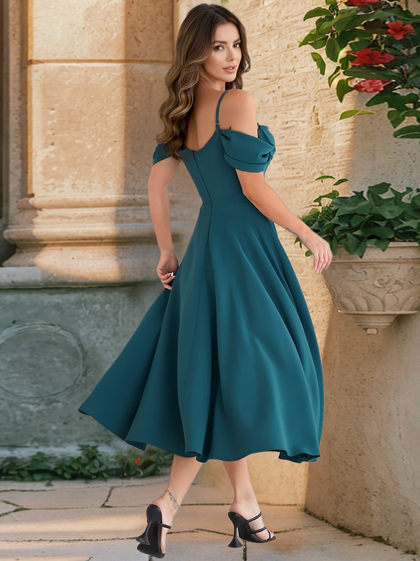 Womens Off Shoulder Pleated A Line Midi Dress | Cocktail Gown | noémi