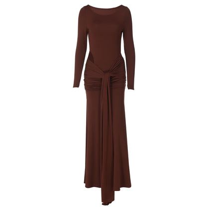 Womens Long Sleeve Round Neck Maxi Dress with Waist Cutout | noémi