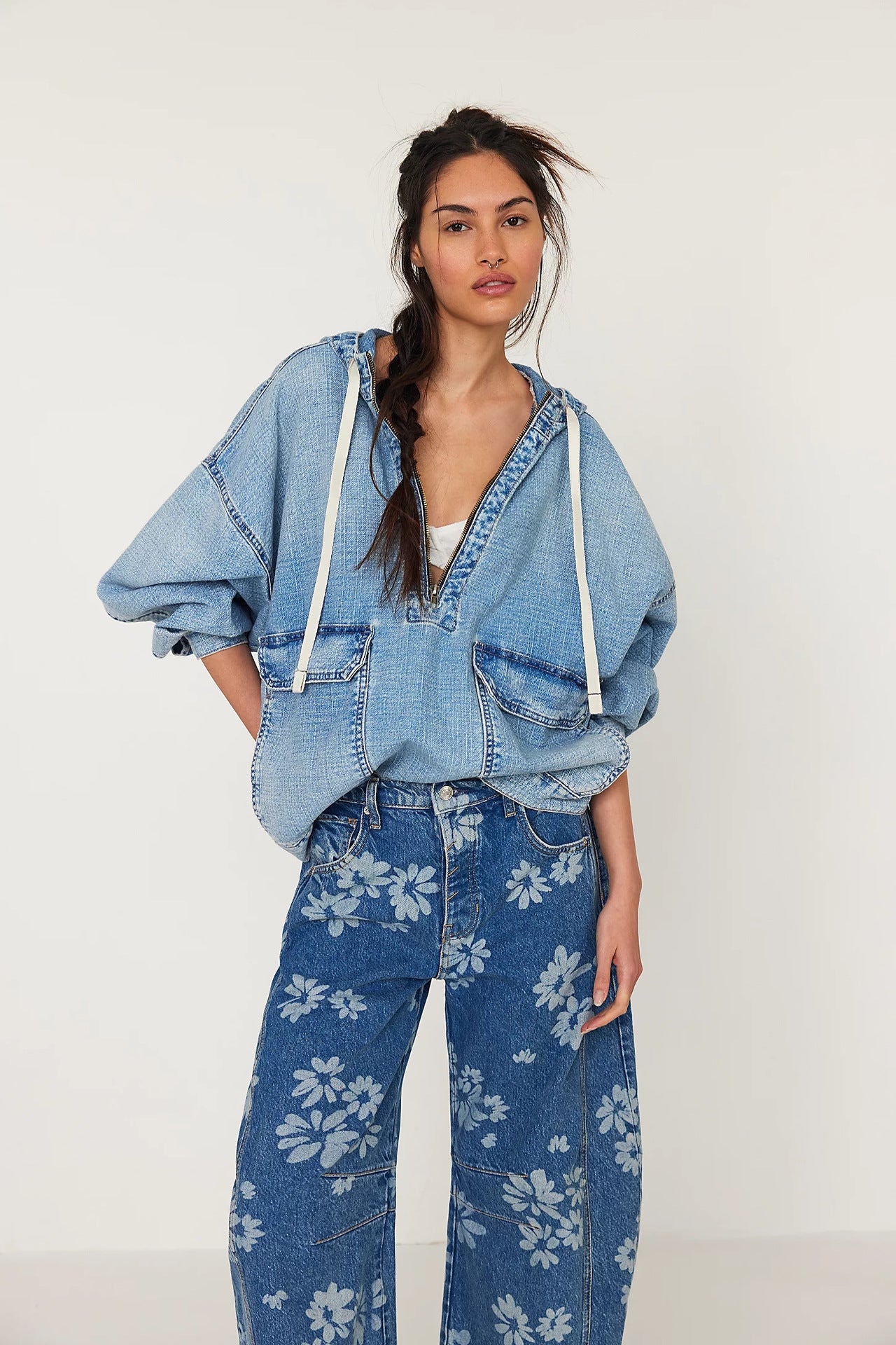 Loose Denim Hoodie | Washed Long Sleeve Top for Women | noémi