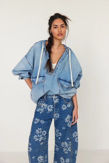 Loose Denim Hoodie | Washed Long Sleeve Top for Women | noémi