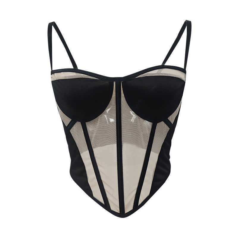 Mesh Cutout Boning Corset Backless Tube Top with Contrast Color Detail | noémi
