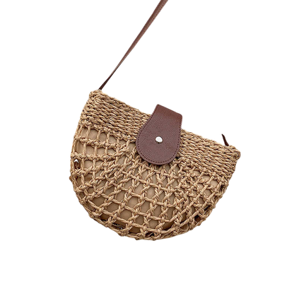 Straw Half-Moon Crossbody Bag – Hollow-Out Woven, Brown | noémi