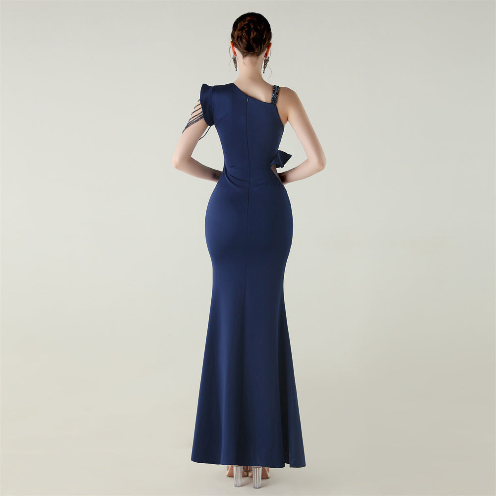 Satin One Shoulder Beaded Fishtail Gown | Cut Out Ruffled Hem Slim Fit | noémi