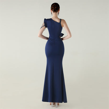 Satin One Shoulder Beaded Fishtail Gown | Cut Out Ruffled Hem Slim Fit | noémi