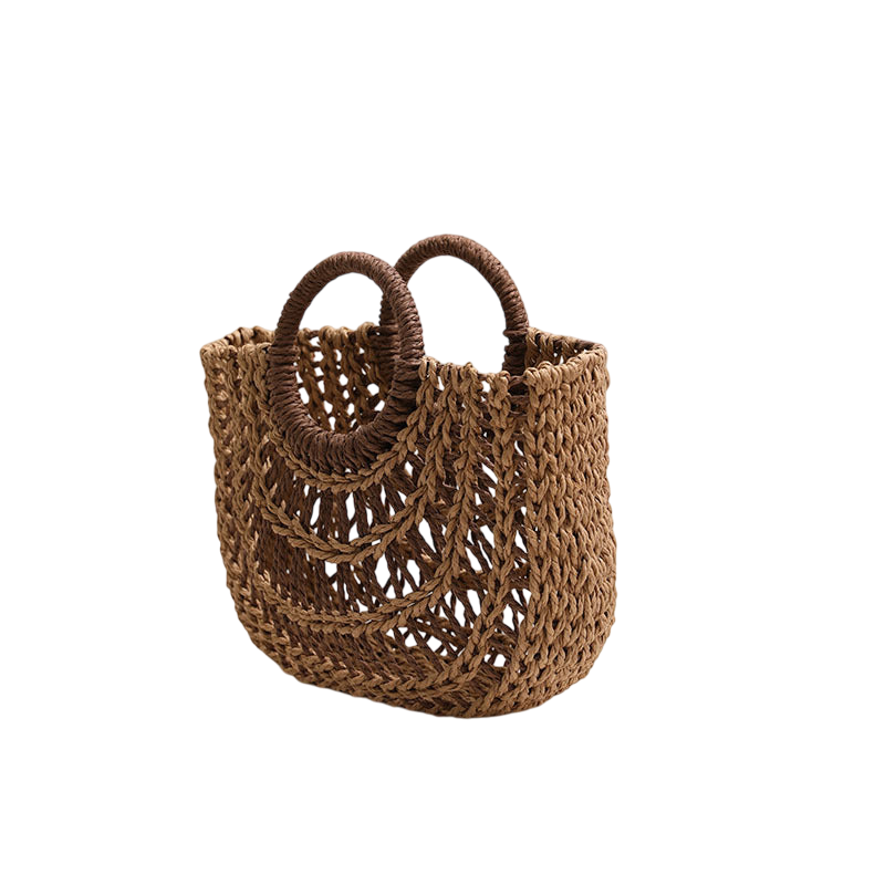 Straw Half-Moon Tote Bag – Hollow-Out Weave, Round Handle, Natural/Coffee | noémi