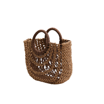 Straw Half-Moon Tote Bag – Hollow-Out Weave, Round Handle, Natural/Coffee | noémi