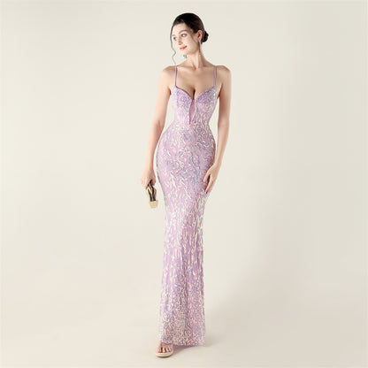 Beaded Sequin LaceUp Gown | Deep V Heart Neckline, Waist Trimmed, Backless | noémi
