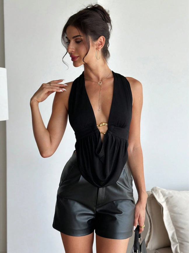 Plunge Halter Ring Top | Deep V Backless Tie Top | noémi