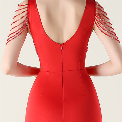 Deep V Plunge Beaded Evening Dress | Slim Fit Gown | noémi