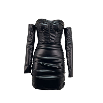Off Shoulder | Pleated Faux Leather | Boned Corset Waist | Tube Top | Slim Fit Dress | noémi