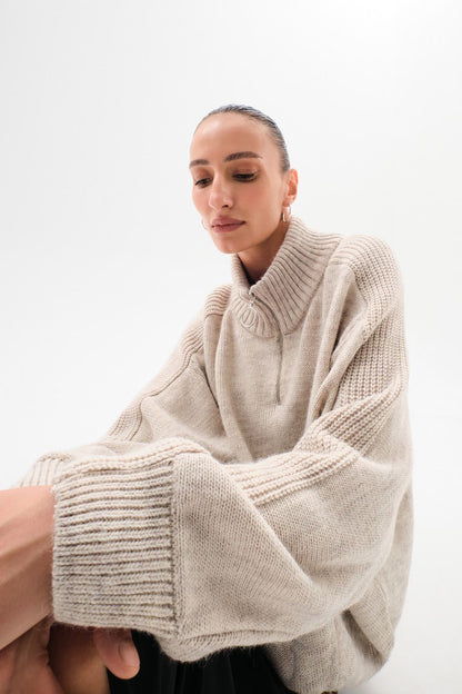 Womens Oversized Knit Sweater | Half Zip, High Neck, Soft Beige Pullover | noémi