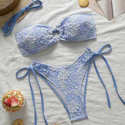 Lace Up Bandeau Bikini | Blue Floral Crochet | High Cut Swimwear Set | noémi