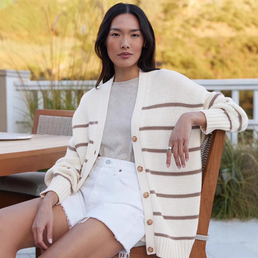 Striped Knit Cardigan for Women | Cozy V Neck Button Up Sweater | Cotton | noémi