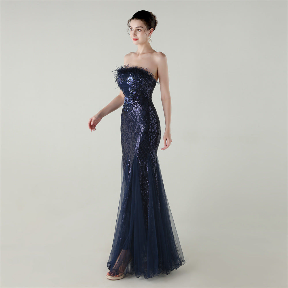 Sequin Beaded Floral Feather Gown | Mesh Fishtail Strapless Cross Back | noémi