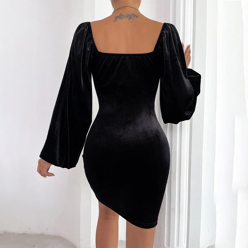 Velvet Puff Sleeve Cutout Waist Sheath Dress With Ring Detail | noémi