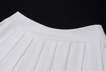 Womens Two Piece Set | White V Neck Sleeveless Vest Pleated Mini Skirt | noémi