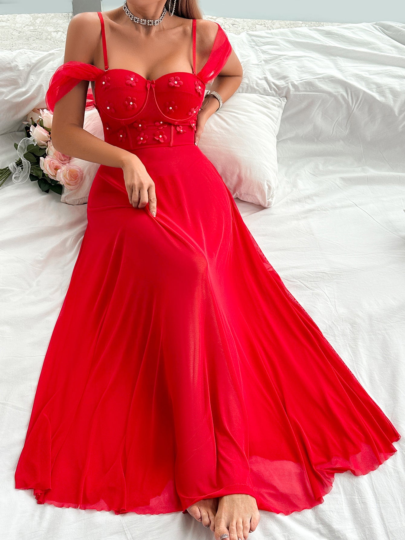 Womens Red Lingerie Dress with Lace Trim and Adjustable Straps | noémi