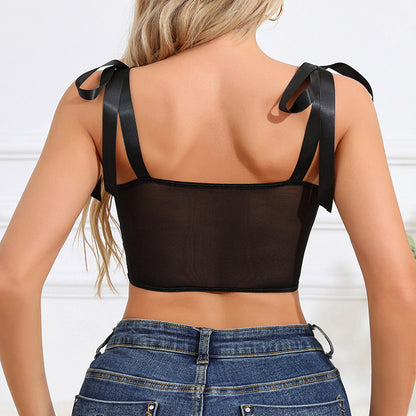 Black Lace Ruffle Mesh Hollow Out Boning Corset Camisole Top | noémi