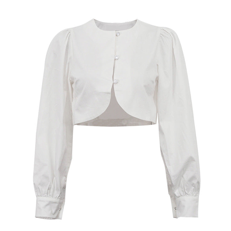 Cotton Cropped Cardigan | Puff Sleeve, Round Neck, Button Front Top for Women | noémi
