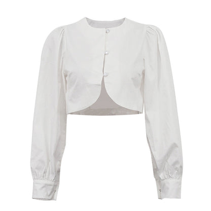 Cotton Cropped Cardigan | Puff Sleeve, Round Neck, Button Front Top for Women | noémi