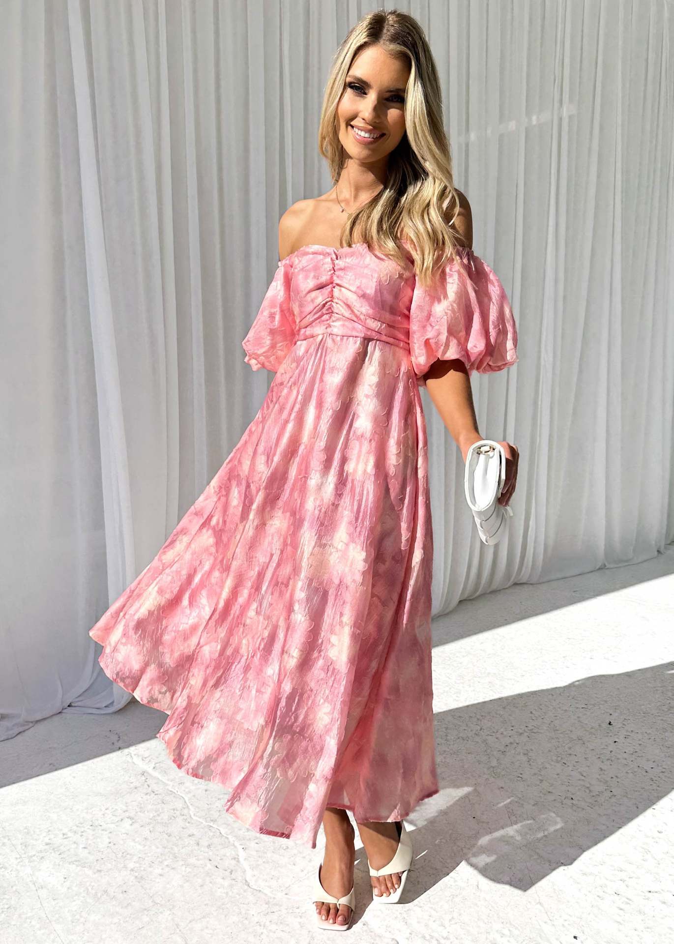 Womens Off Shoulder Floral Midi Dress with Mid Waist | noémi