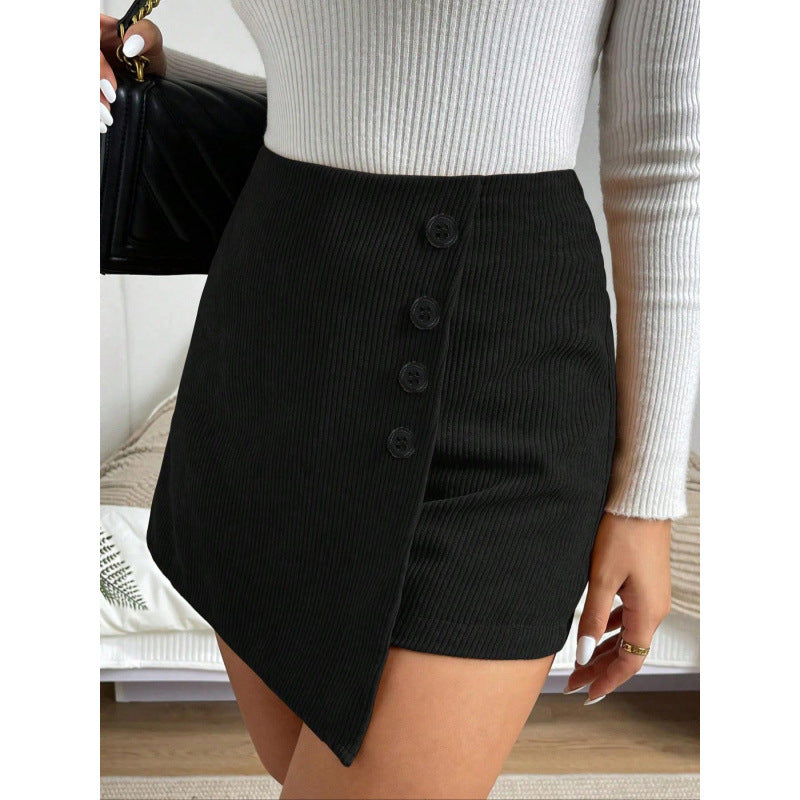 High Waisted Corduroy Skort | Black Wrap Mini with Button Detail | noémi